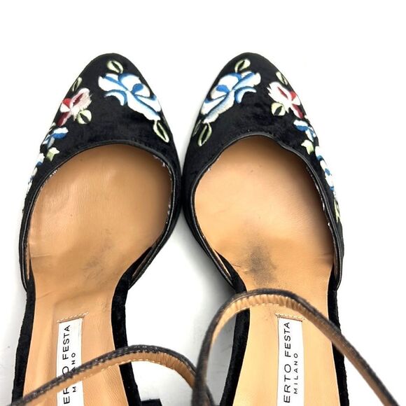Roberto Festa Milano Black Velvet Floral Embroidered Pumps Ankle Strap IT 38 US8 - Picture 16 of 16